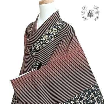 840 화 기모노 워셔블 기모노 코몬 줄무늬 꽃 양꽃 레드 블랙 베이지