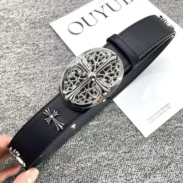 크로스 모티브 실버 버클 가죽 벨트