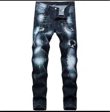 다크 블루 페인트 가공 데님 팬츠