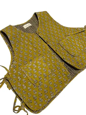 saruche 블록 프린트 퀼트 베스트/머스타드