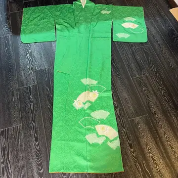 이로무지 기모노 그린 컬러 꽃 무늬 오비 포함
