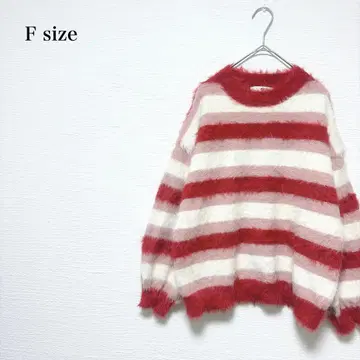 빅 보더 샤기 니트 F 레드 계열 복슬복슬 배색 니트 페미닌