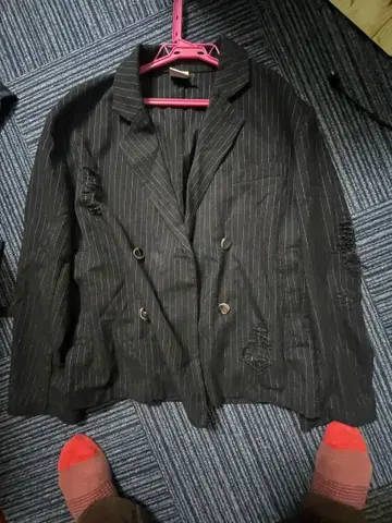 WISHFOREVER 블랙 스트라이프 테일러드 자켓 M 인기 상품 데미지