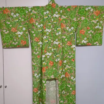 울 코몬 기모노 그린 오렌지 꽃무늬