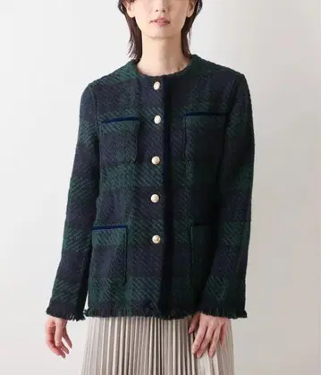 별주 존 브라니건 니트 트위드 자켓 노카라 골드 버튼 체크