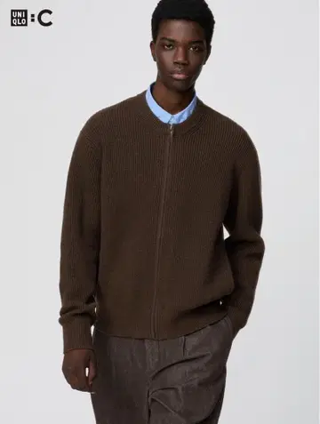 크루넥 풀 집업 가디건 유니클로 XL 다크 브라운