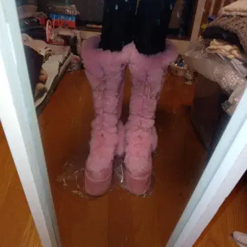 핑크 복슬복슬 토끼털 롱 부츠 통굽 고스로리 크리스마스