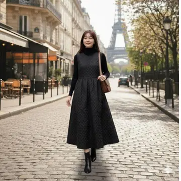충전솜 퀼팅 원피스 겨울 블랙 깔끔한 A라인