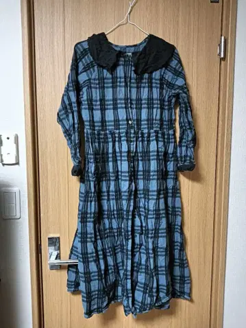 SM2 처치 원피스 파랑과 블랙 체크 무늬 긴팔 원피스