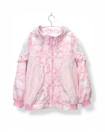 핑크 대리석 무늬 프릴 후드티 & 숏팬츠 & 하프 팬츠 세트