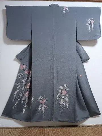 호몬기 순수 실크 이중 기모노 크레이프 원단 블루 그레이 벚꽃