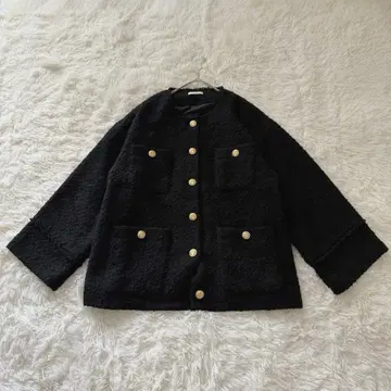 라운지 드레스 노카라 트위드 자켓 골드 버튼 오버 사이즈 블랙