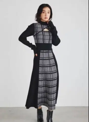 [ rienda ] 하운드투스 체크 패턴 니트 롱 원피스