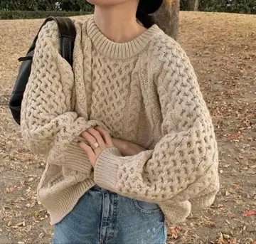 빈티지 스타일 케이블 니트 셀렉트 모카 아이보리 L