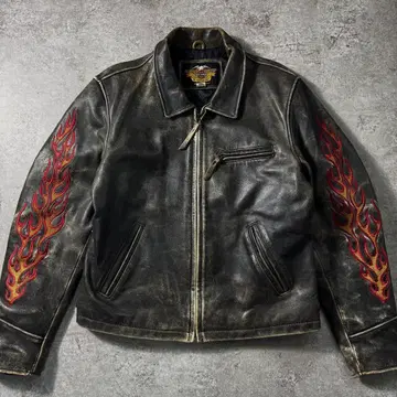 90s 할리데이비슨 플라이트 가죽 자켓 파이어 패턴