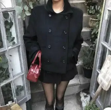 더블 브레스트 피코트 블랙 왕홍 클래식 버튼 숏코트