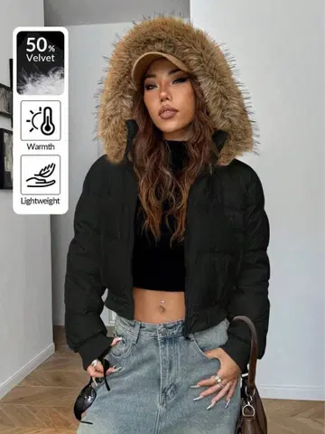 SHEIN EZwear 인조 모피 블랙 다운 자켓