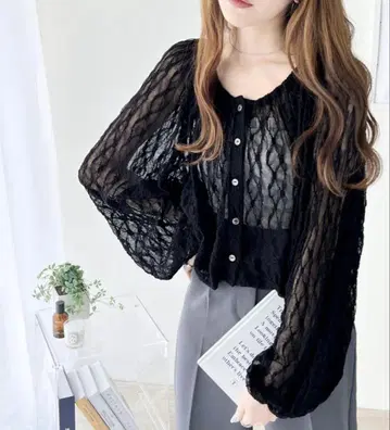 벌룬 슬리브 걸리시 상의 멀티웨이 스트레치 레이스 가디건