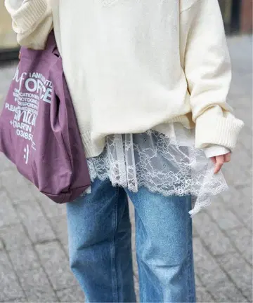 [택 포함 미사용 새상품] SLOBE IENA 레이스 콤비 티셔츠 롱 T