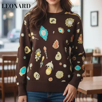 [새상품급] 레오나르 실크 울 니트 주얼리 패턴 트리밍 브라운 M