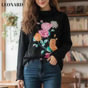 [미사용급] 레오나르 꽃무늬 큐빅 실크 100% 니트 블랙 L