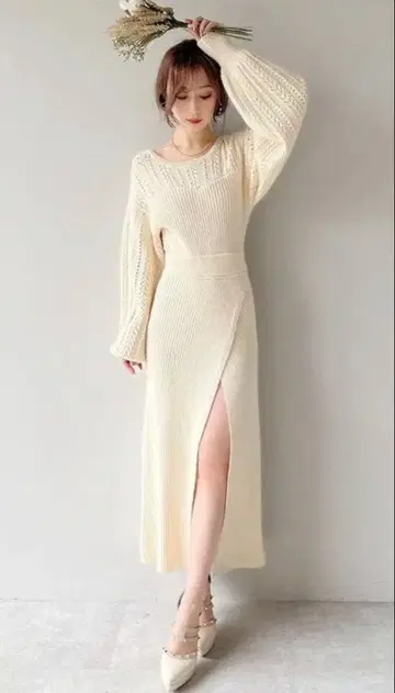 [인기] RESEXXY 시스루 니트 롱 원피스 아이보리 새상품급