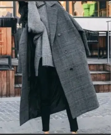 그레이 체크 무늬 더블 브레스트 롱 코트