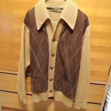 빈티지 가죽 x 니트 가디건 패치워크 카라 부착 카멜 M