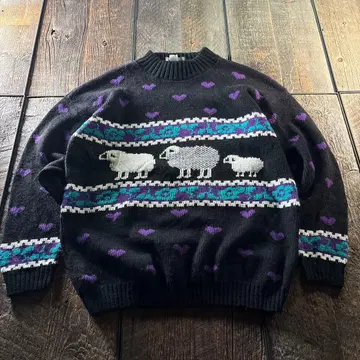 구제 의류 USA제 총무늬 니트 하트 애니멀 모티브 블랙 M 러블리 계열