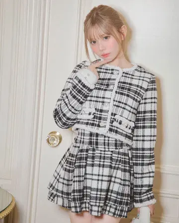 미셸 마카롱 체크 슬림 레그 셋업 자켓 스커트