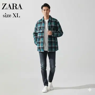 새상품급 자라 ZARA 충전솜 체크 자켓 블루종 그린 XL