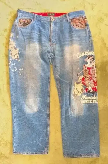 불구대천 데님 팬츠 일본풍 패턴 자수 초와이드 w40