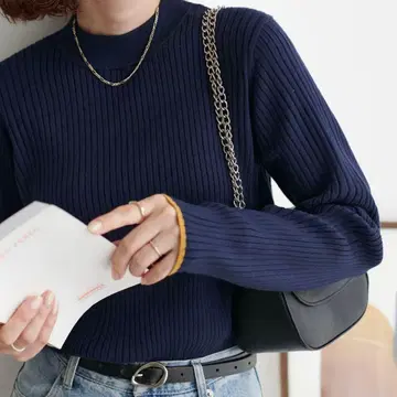 모찌모찌 리브 파이핑 하이넥 discoat 다크 블루