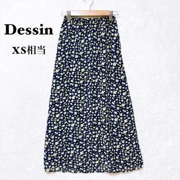 데셍 플레어 스커트 꽃무늬 롱 기장 허리밴딩 XS 상당 네이비