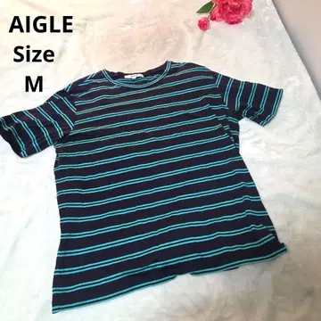 [ 오샤레 AIGLE ] 다크 네이비 그린 보더 티셔츠 사이즈 M