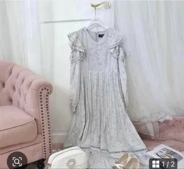 evelyn 롱 원피스 꽃무늬 스카이블루 아이스그레이 리본 프릴 긴팔