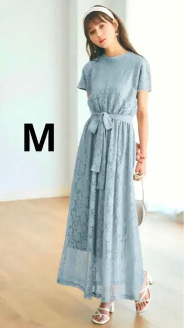 GRL 그레일 리본 벨트 플라워 레이스 원피스 블루 롱 스카이블루