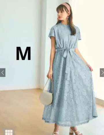 GRL 그레일 리본 벨트 플라워 레이스 원피스 블루 롱 스카이블루