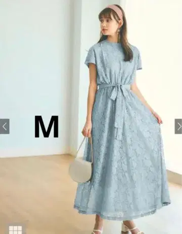 GRL 그레일 리본 벨트 플라워 레이스 원피스 블루 롱 스카이블루