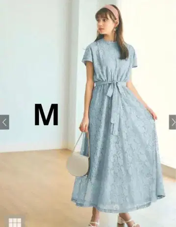 GRL 그레일 리본 벨트 플라워 레이스 원피스 블루 롱 스카이블루