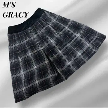 엠즈 그레이시 체크 턱 스커트 무릎 기장 플레어 울 38