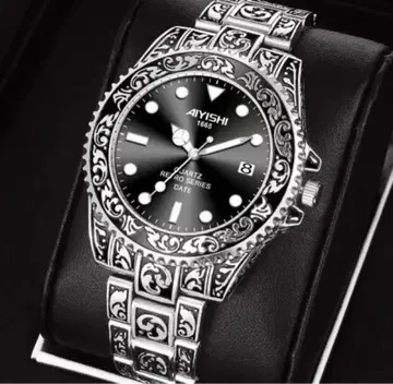 남성용 앤티크 손목시계 올 패턴 쿼츠 실버 x 블랙2