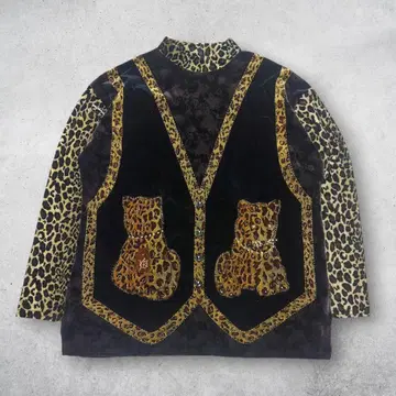 90s 레오파드 벨로아 풀오버 상의 M 개성있는 레오파드 무늬