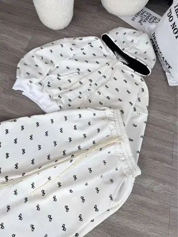 가을/겨울 여성용 셋업 리본 무늬 후드티 와이드 팬츠