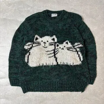 루즈핏 니트 스웨터 다크 그린 L 고양이 귀여운 개성파