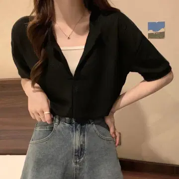 SHEENA 도킹 와플 숏 상의 블랙 여름옷