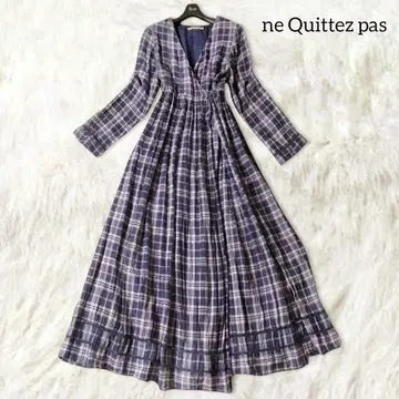 누키테파 롱 원피스 체크 네이비 카슈쿨 플레어 라메 긴팔