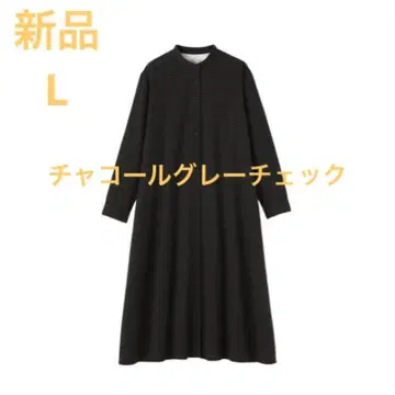 양면 기모 플란넬 스탠드 카라 긴팔 원피스 차콜 그레이 체크 L