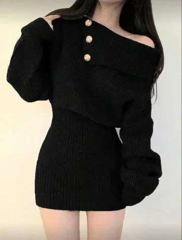 블랙 오프숄더 리브 미니 원피스