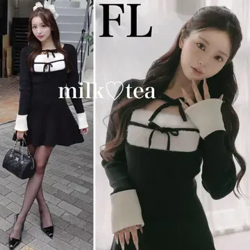 다리치 택 포함 새상품 블랙 FL 리본 퍼 플레어 니트 미니 원피스